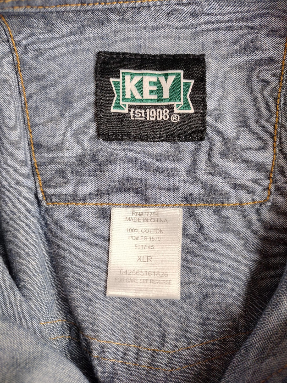 Key Shirt Mens XL Blue Chambray Western Snap Front Long Sleeve Workwear Cotton