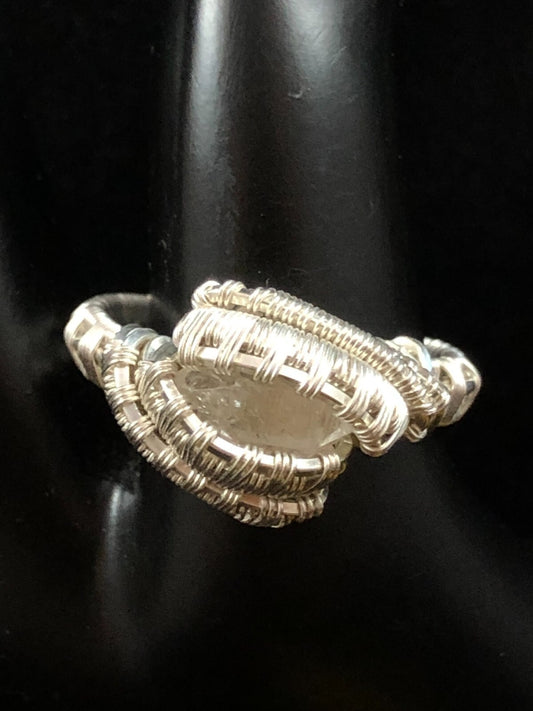Herkimer Diamond Gemstone Ring in .999 Fine Silver Polished Wire Wrap size 9