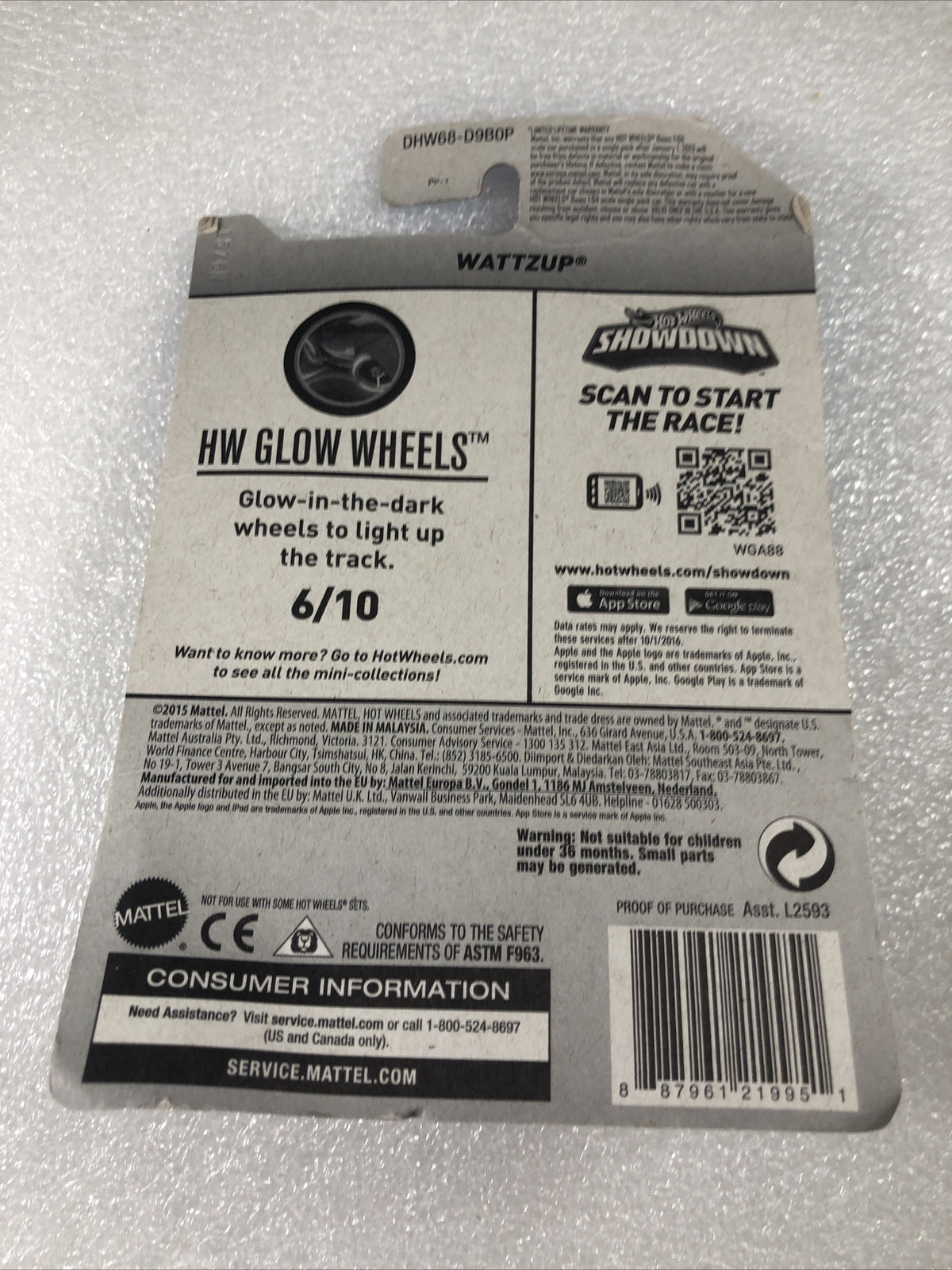 2016 Hot Wheels HW Glow Wheels Wattzup #51 Die cast Toy Car Scan Race