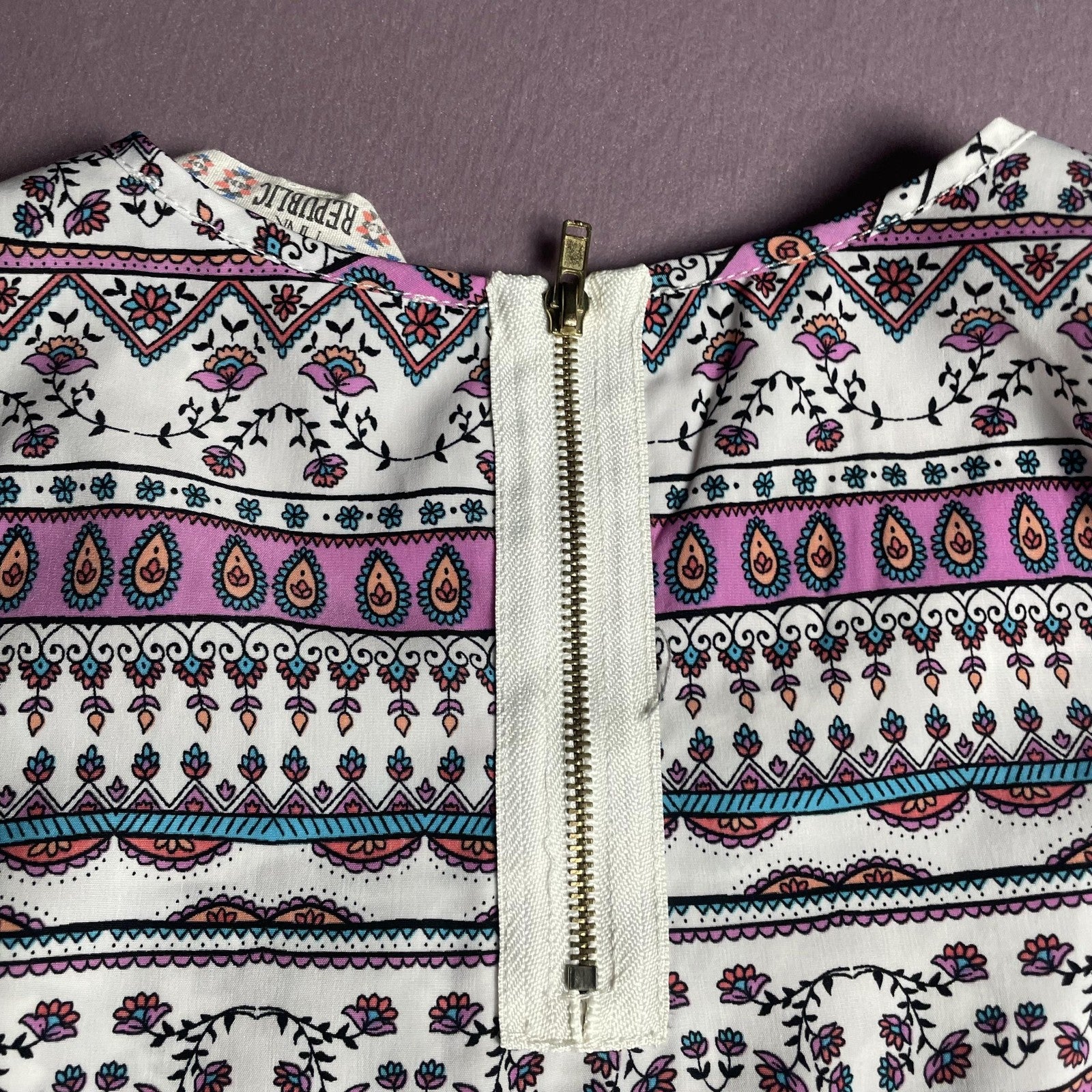 Pink Republic Dress Girls Small 7/8 White Purple Boho Aztec Print Short Sleeve