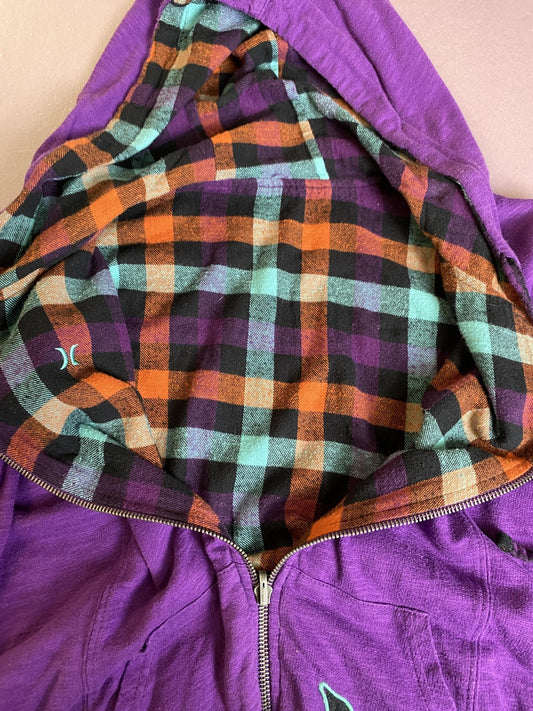 Hurley Hoodie Sweatshirt Womens Medium Purple Full Zip Graphic Logo Plaid Lined