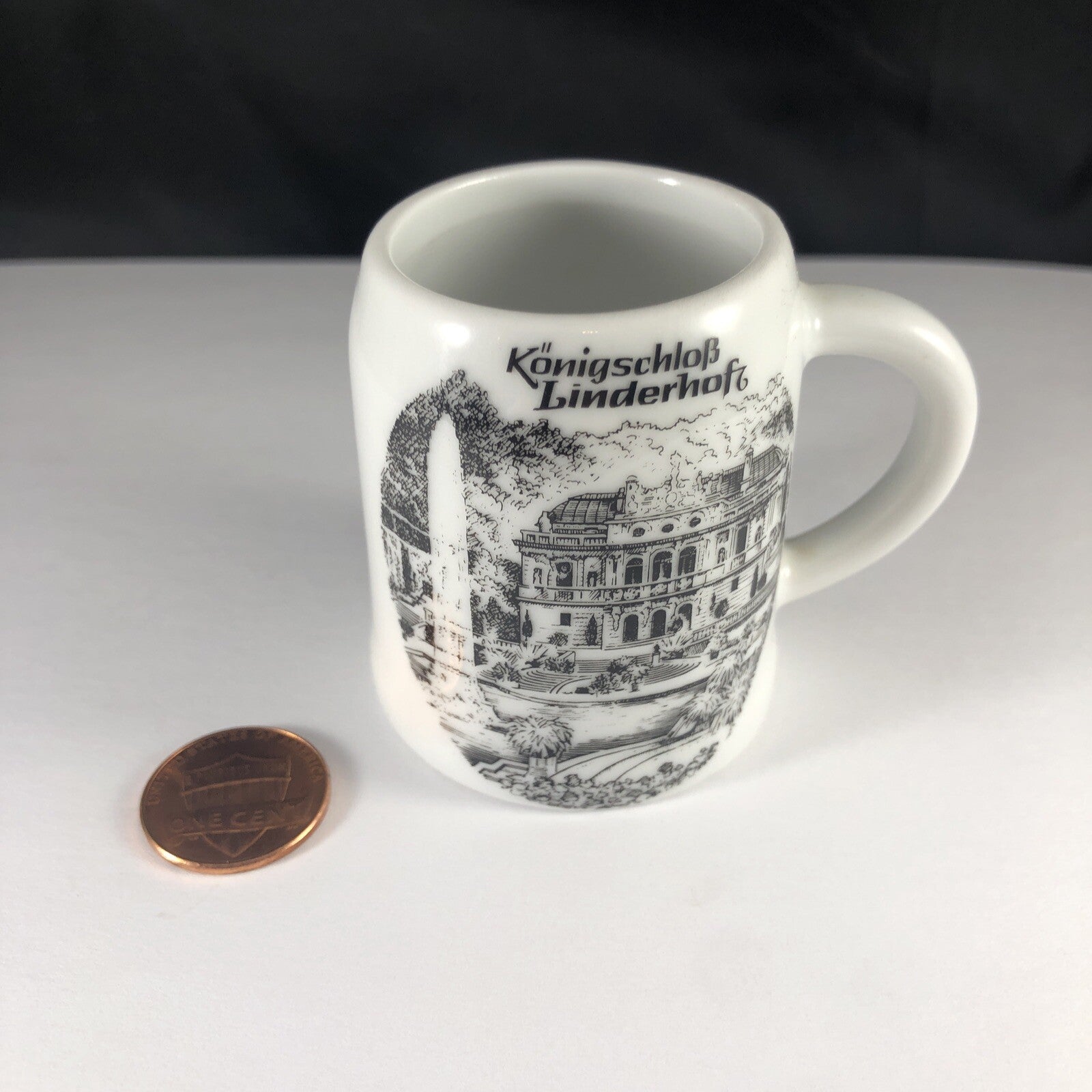 Linderhofz Porcelain Souvenir CERAMIC BEER STEIN GERMANY Shot Glass Konigschlob