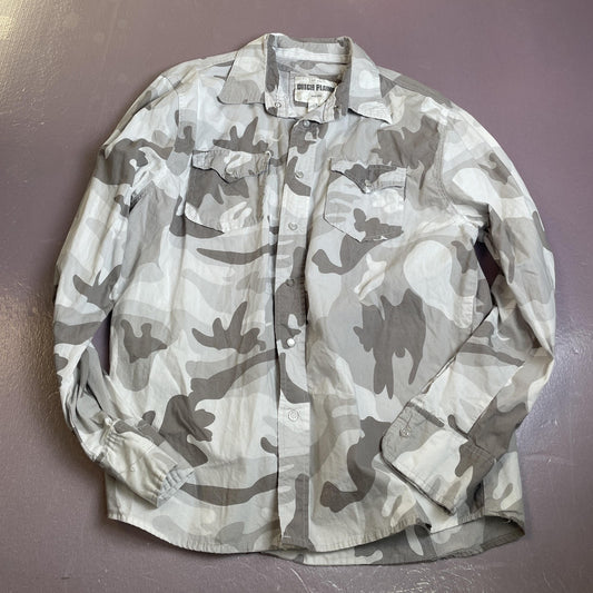 Ditch Plains Shirt Mens Large Gray Camo Snap Front Long Sleeve Cotton Pockets