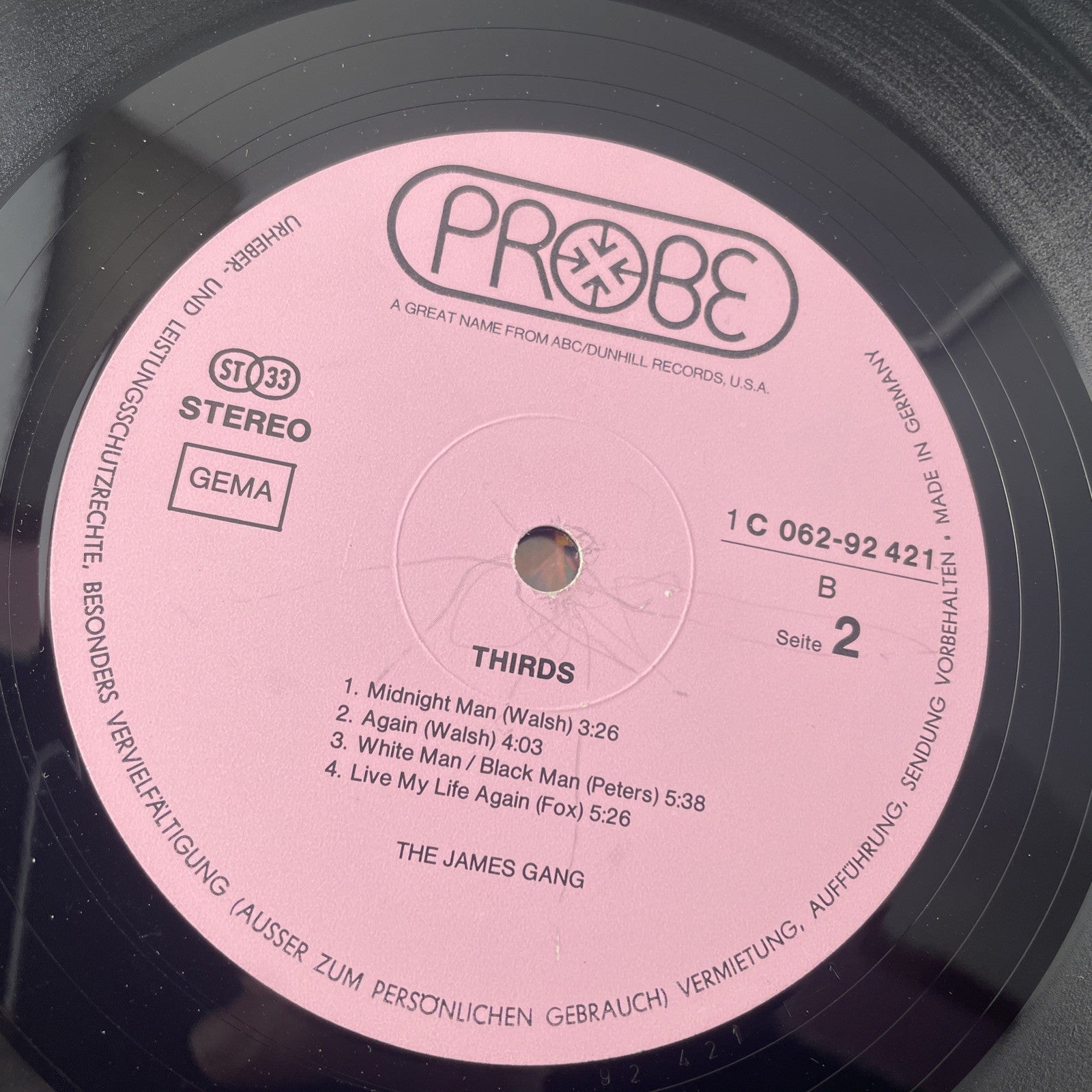 German Pressing JAMES GANG - THIRDS VINYL LP 1971 VG - COMBINED SHIP Probe Label