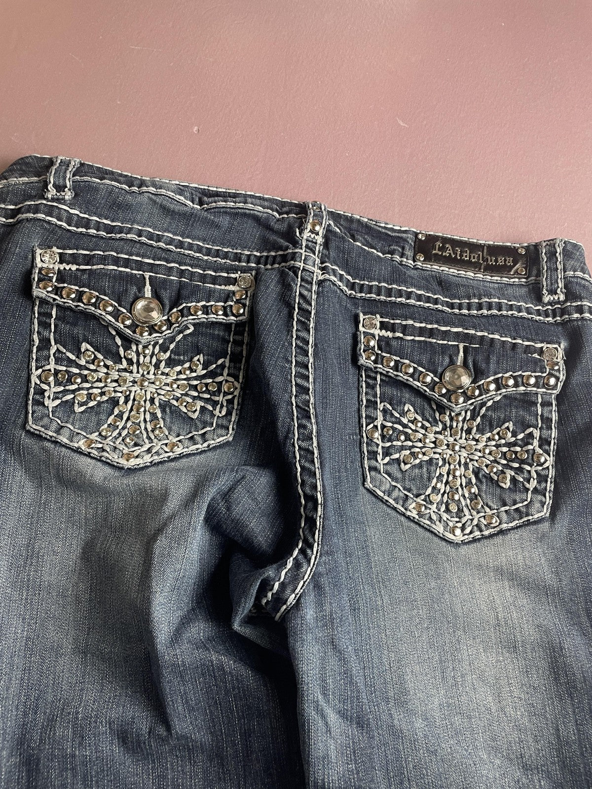 LA Idol Jeans Juniors 19 Blue High Rise Bootcut Embroidered Rhinestone Denim