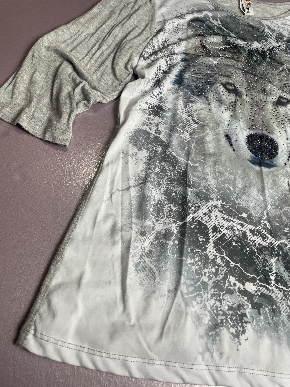 Wolf Shirt Womens Large Gray White Rhinestone Embellished Graphic 3/4 Sleeve