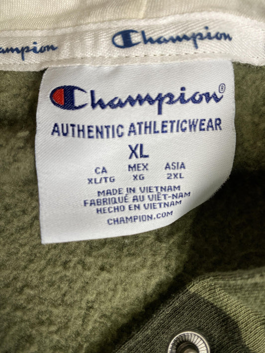 Champion Hoodie Mens XL Green Camo Snap Henley Fleece Army Logo Sweatshirt