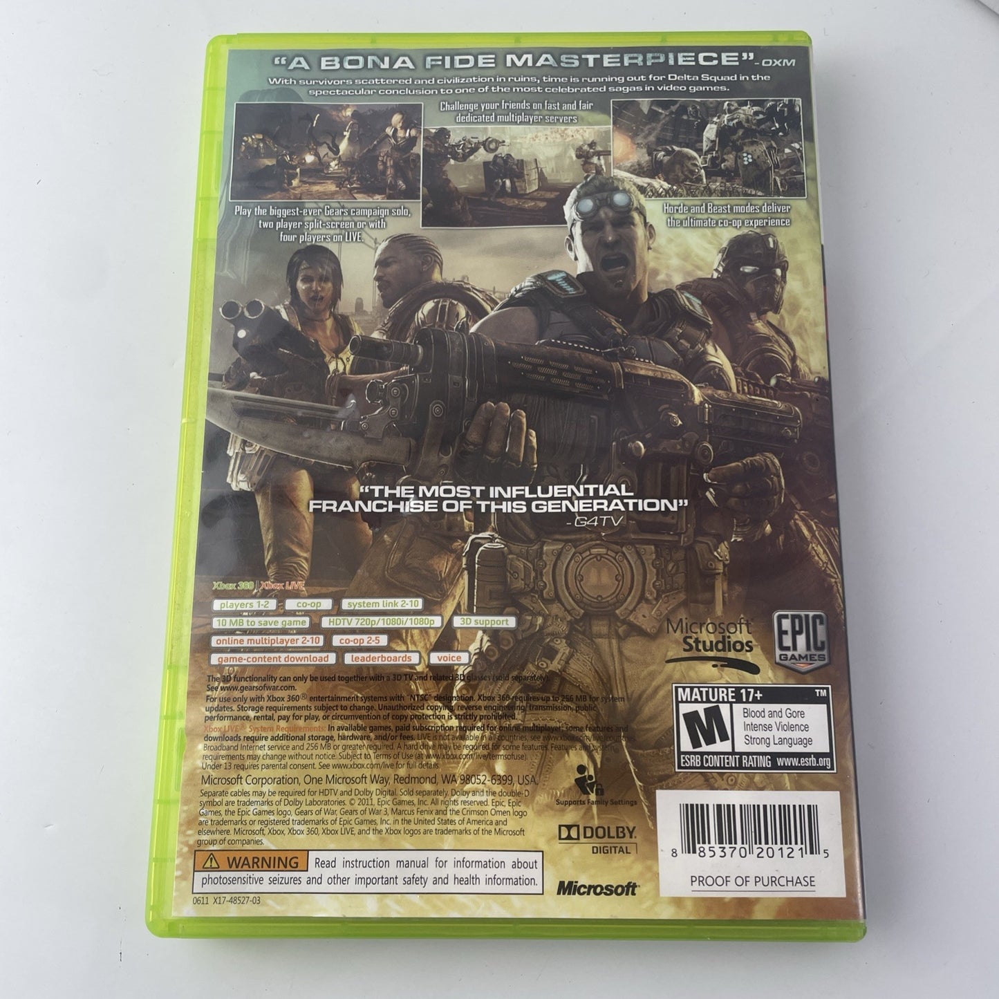 Gears of War 3 (Xbox 360, 2011) Cib Original Clean