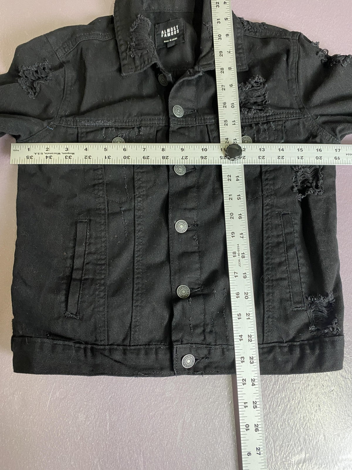 Almost Famous Denim Jacket Juniors Small Black Distressed Cropped Punk Grunge