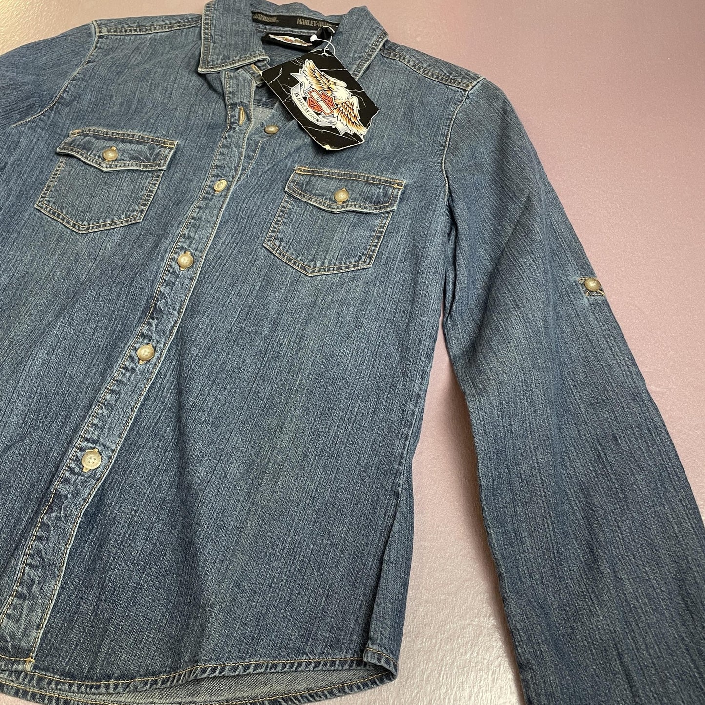 Harley-Davidson Shirt Womens XS Blue Denim Button Down Long Sleeve Western Logo