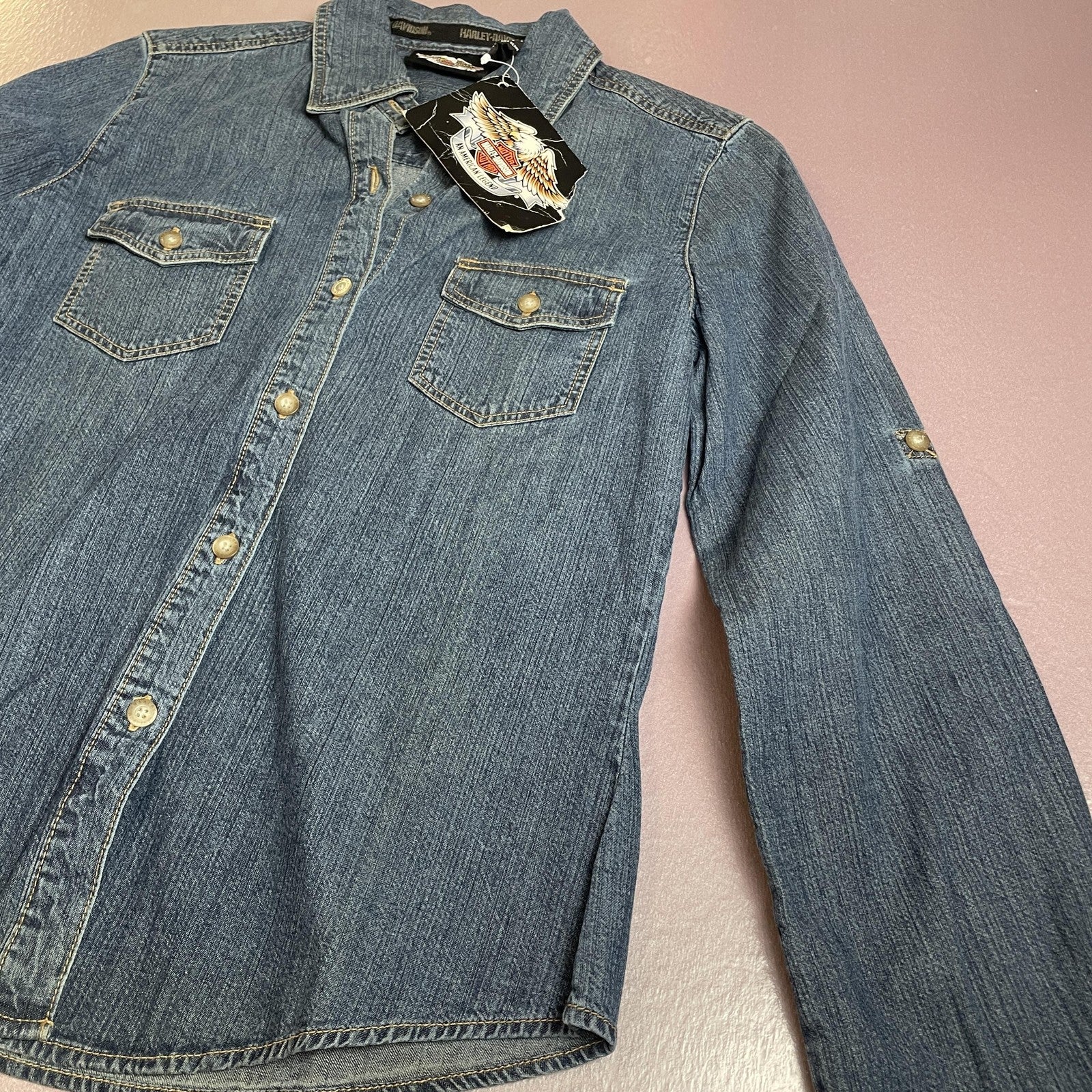 Harley-Davidson Shirt Womens XS Blue Denim Button Down Long Sleeve Western Logo