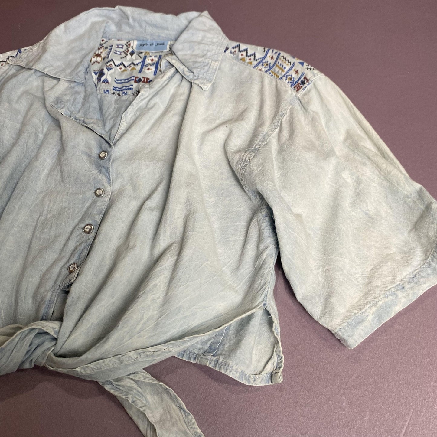 Style & Smile Shirt Womens Small Blue Short Sleeve Tie Front Southwestern Top