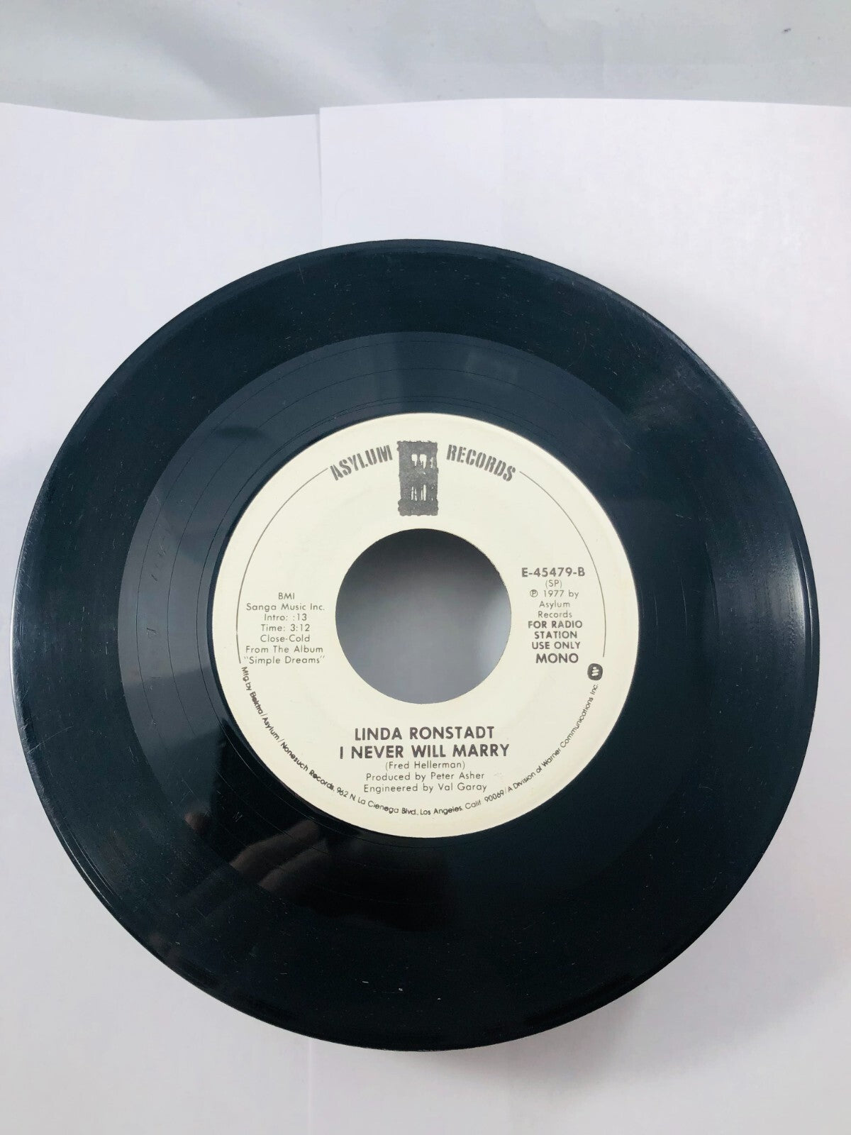 LINDA RONSTADT 7" 45 RPM "I Never Will Marry" Promo Copy G+ condition DJ vintag