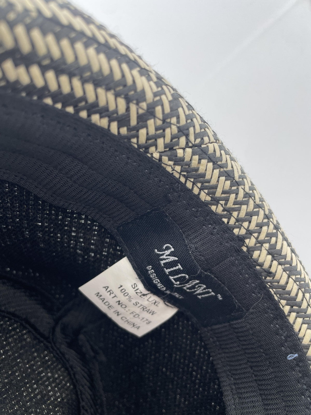 Milani Hat Fedora Fitted Mens Large Black Beige Straw Woven Herringbone Trilby