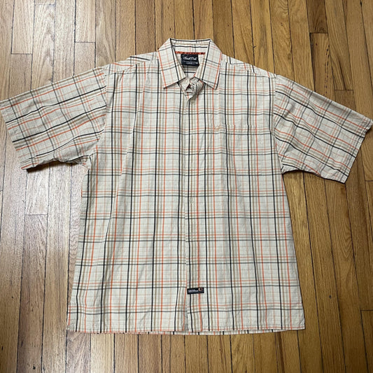 Southpole Shirt Mens Medium Orange Beige Plaid Short Sleeve Button Up Casual