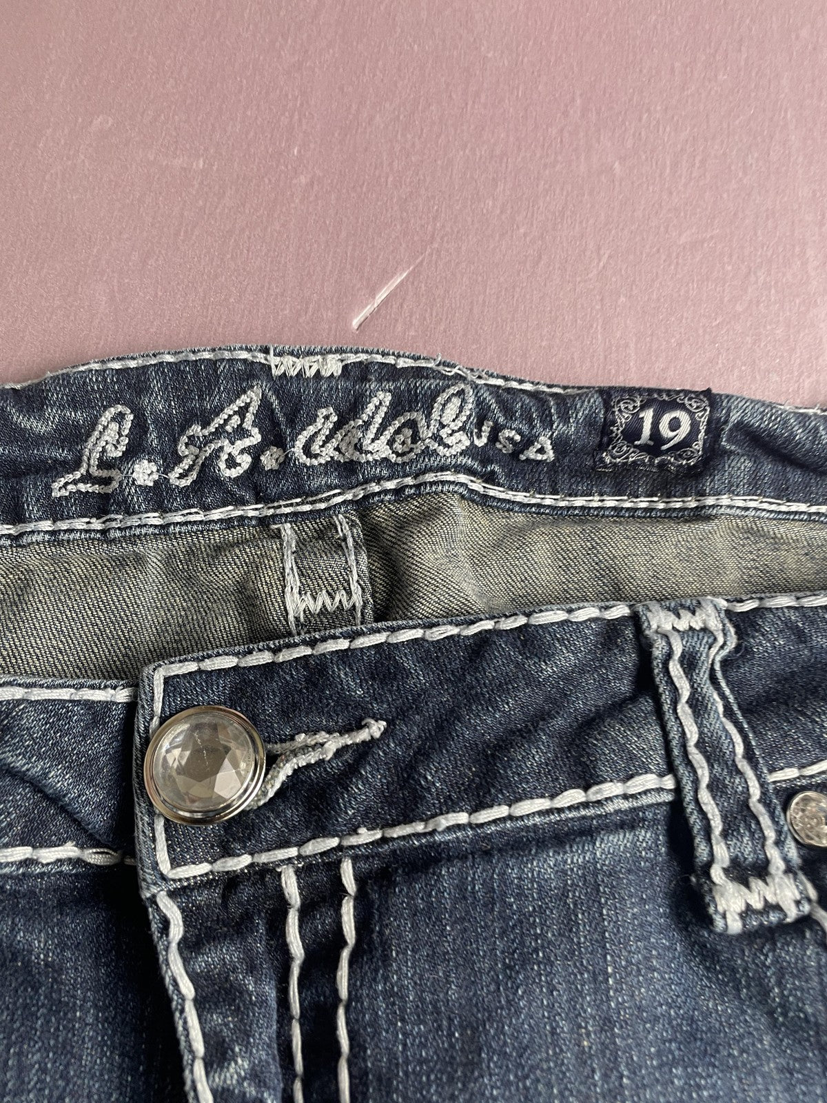 LA Idol Jeans Juniors 19 Blue High Rise Bootcut Embroidered Rhinestone Denim