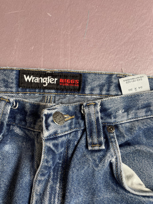Wrangler RIGGS Workwear Jeans Mens 34x30 Blue Relaxed Straight Leg Carpenter