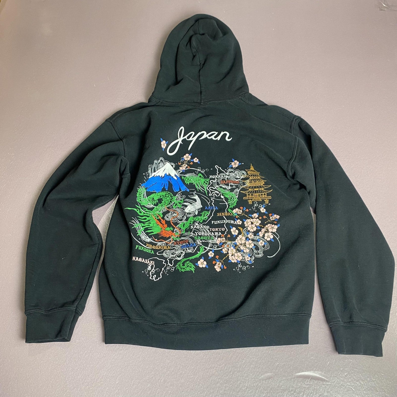Gildan Hoodie Mens Small Japan Map Graphic Sweatshirt Pullover Cherry Blossom