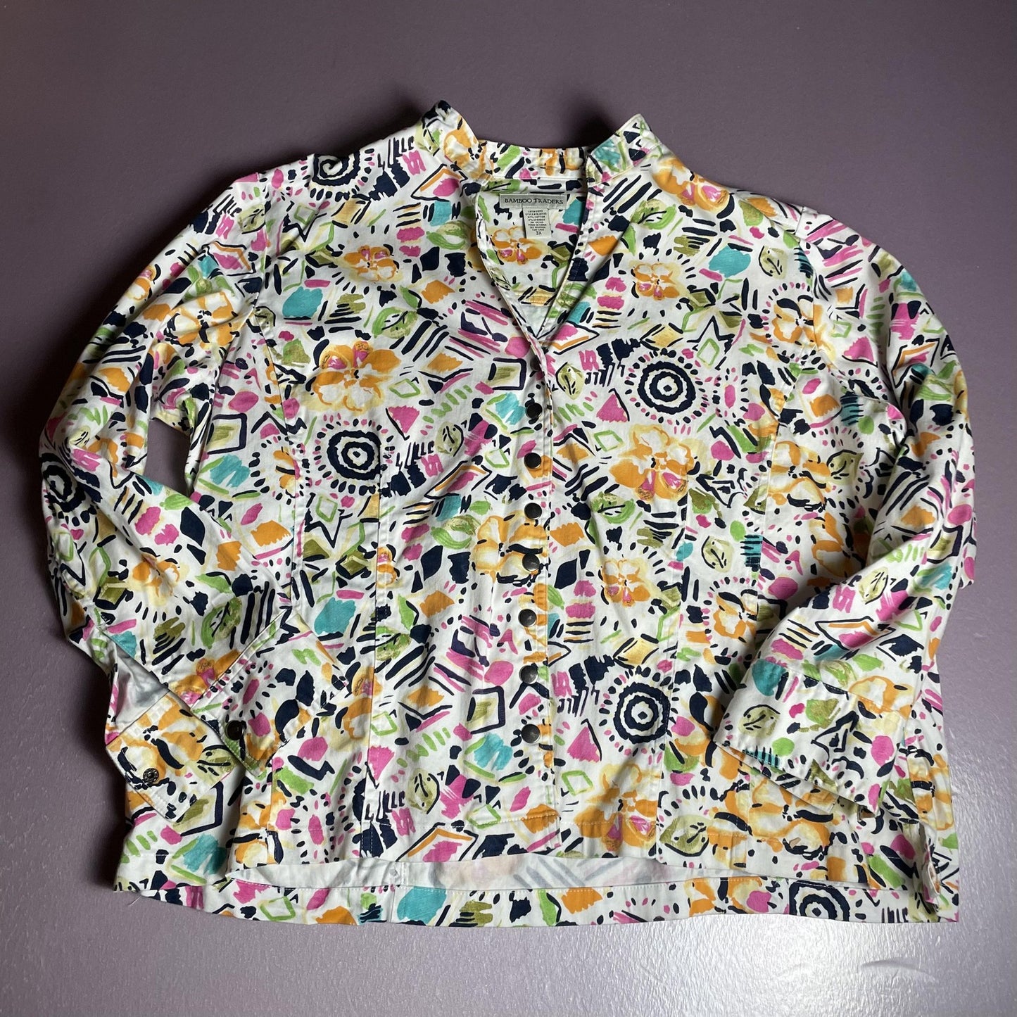 Bamboo Traders Shirt Womens 3X Multicolor Floral Abstract Snap Front Cotton