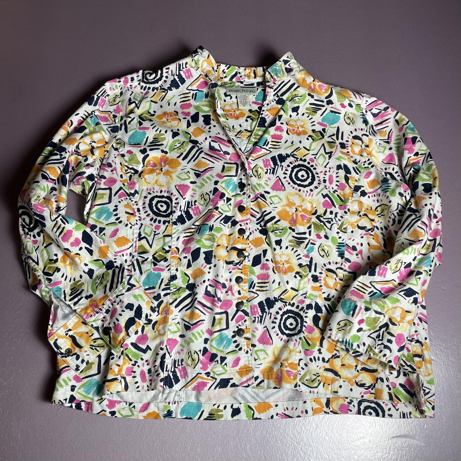 Bamboo Traders Shirt Womens 3X Multicolor Floral Abstract Snap Front Cotton