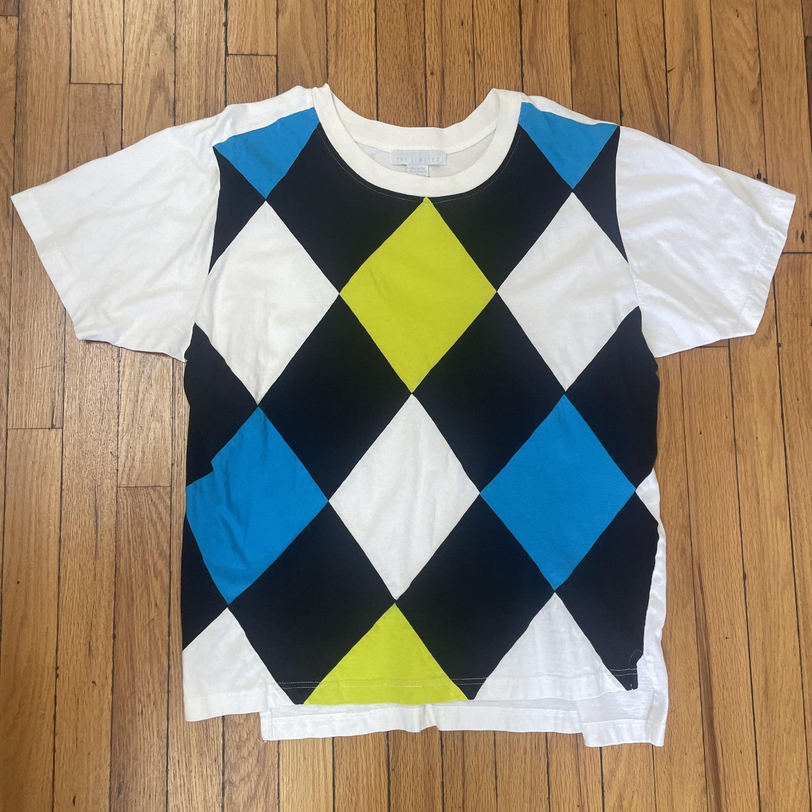 Vintage The Limited Shirt Mens Medium White Argyle Graphic Blue Yellow Black 90s