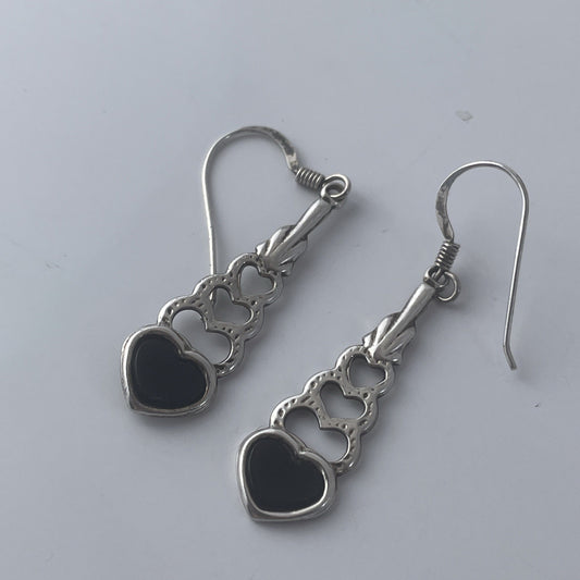 Vintage Sterling Silver 925 Black Onyx Heart Drop Earrings P525