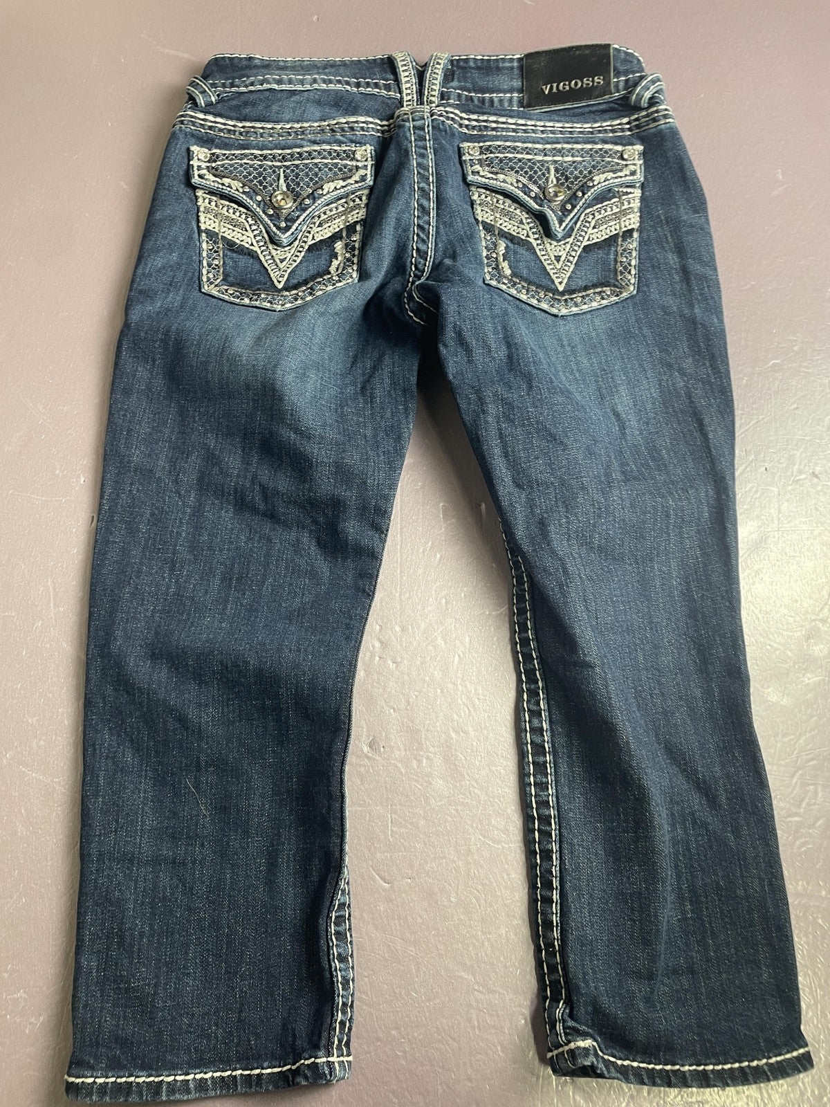Vigoss Capri Jeans Womens 29 Blue Low Rise New York Embroidered Rhinestone Denim