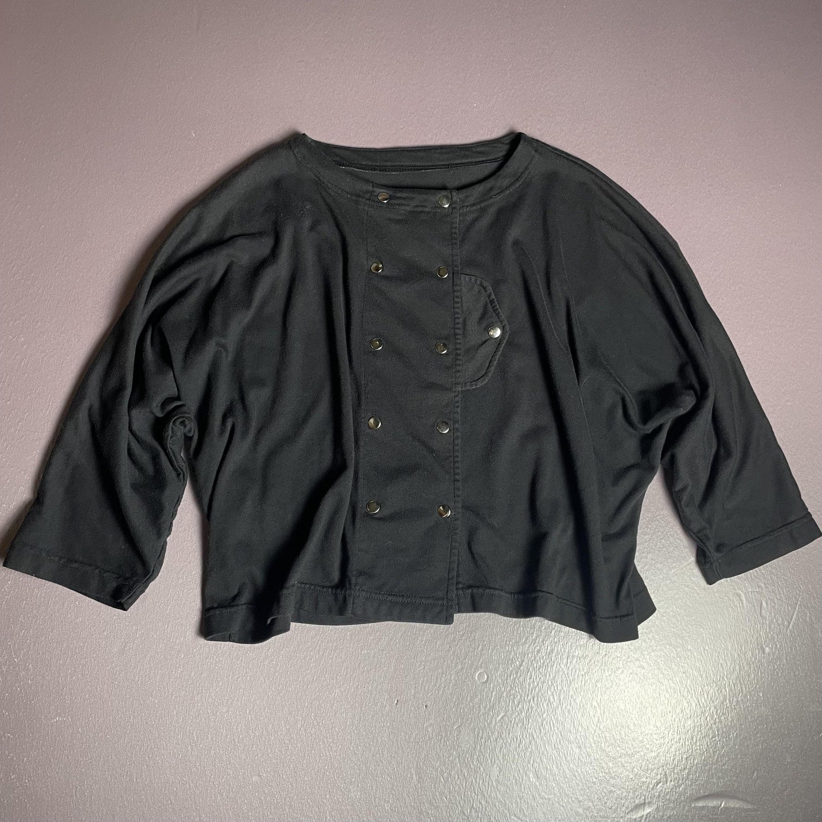 Shirt Womens Large Black Double Breasted Snap Front Cropped Boxy 3/4 Sleeve