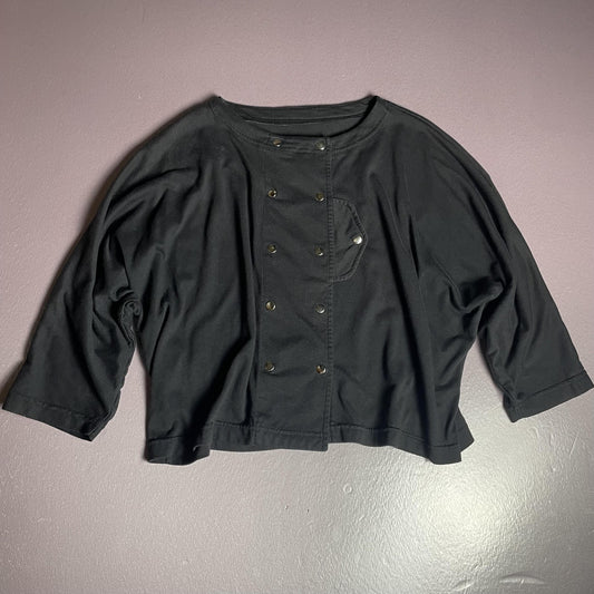Shirt Womens Large Black Double Breasted Snap Front Cropped Boxy 3/4 Sleeve