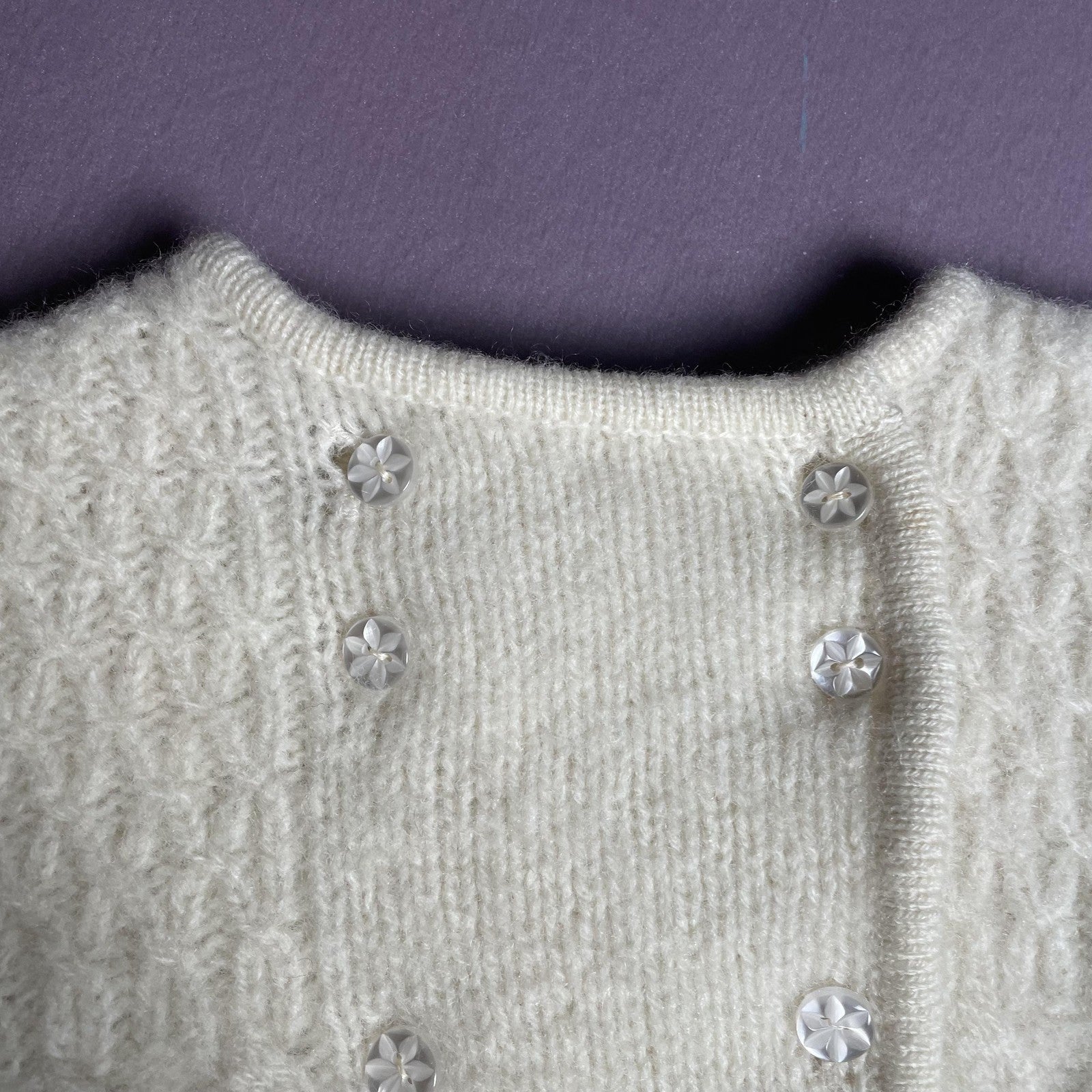 Hand Knit Cardigan Sweater Girls Small Ivory Cable Knit Crystal Flower Buttons