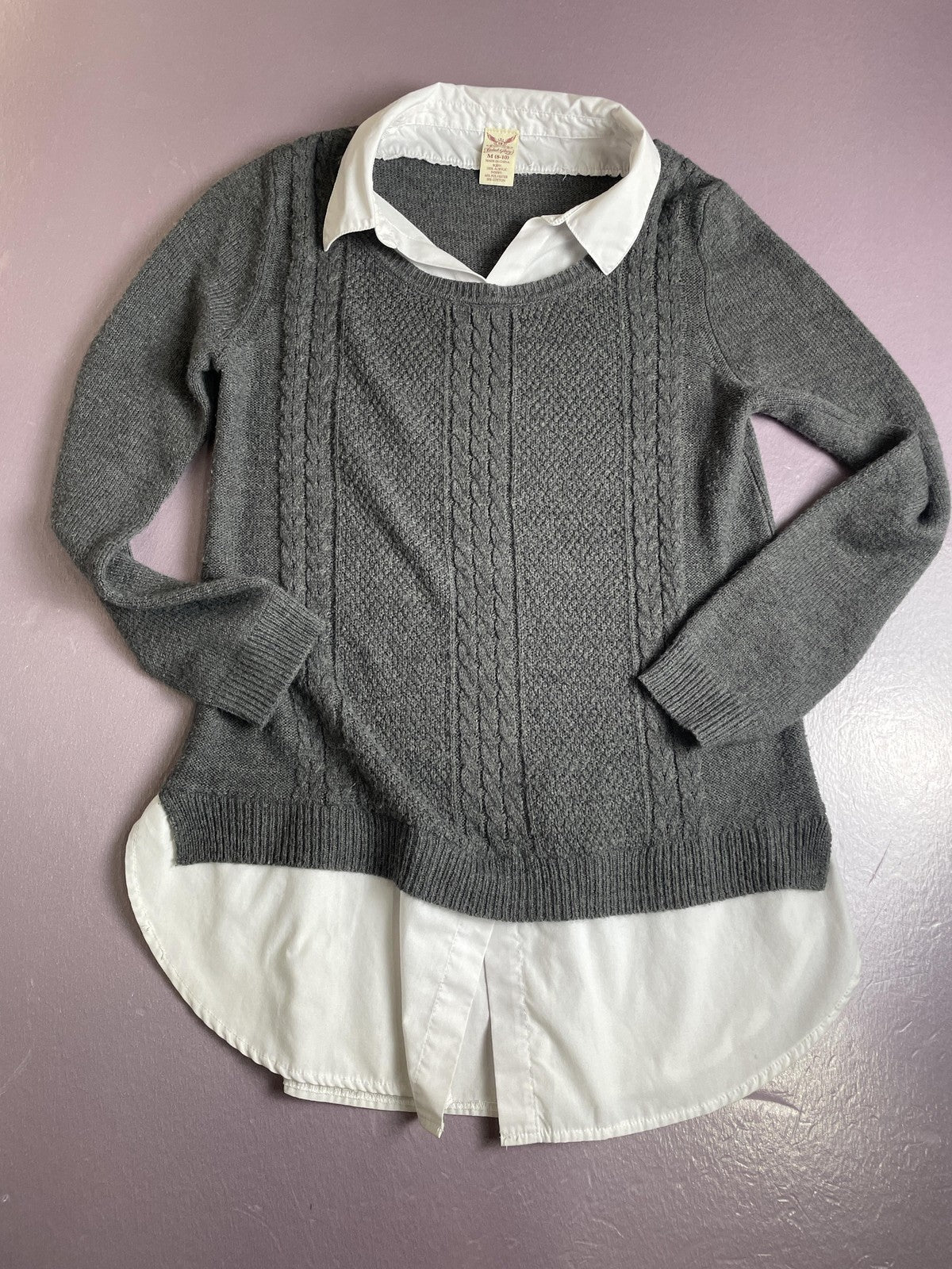 Faded Glory Sweater Womens Medium Gray White Layered Shirt Cable Knit Preppy
