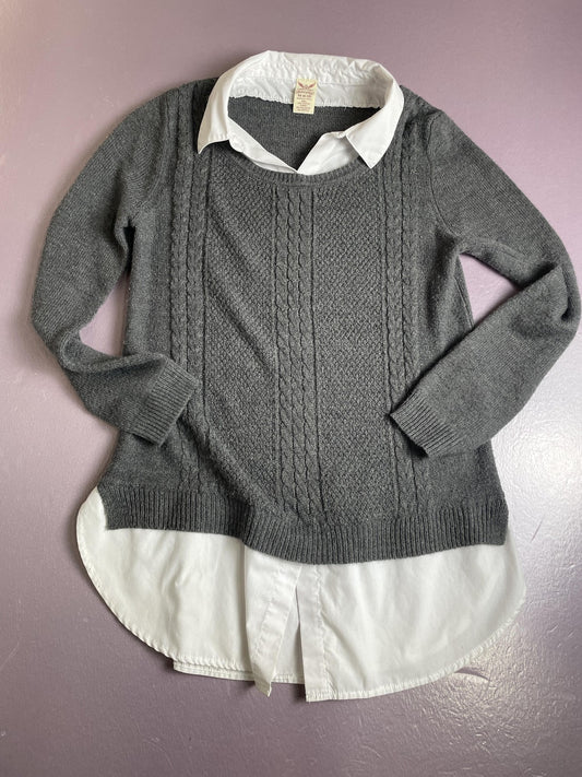 Faded Glory Sweater Womens Medium Gray White Layered Shirt Cable Knit Preppy