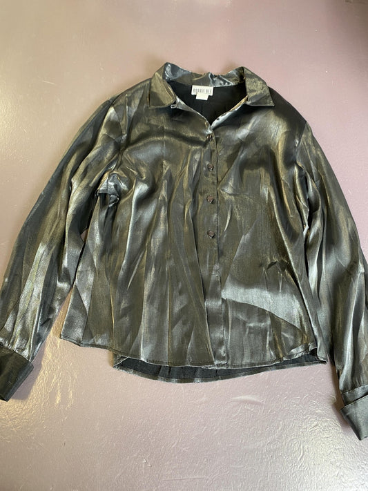 Robbie Bee Shirt Womens XL Silver Metallic Button Up Long Sleeve Blouse Top