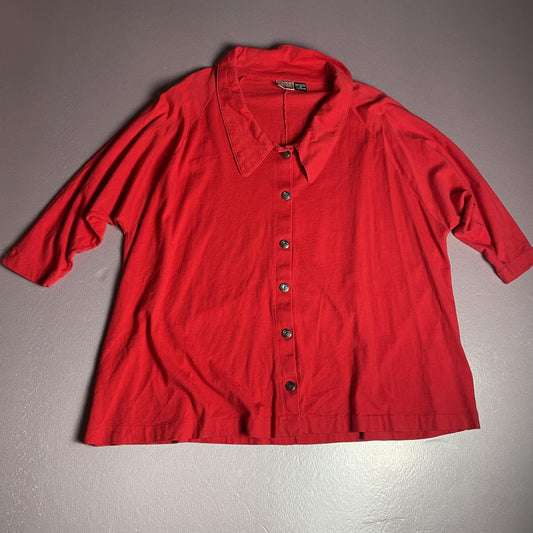 Paul Et Duffier Shirt Womens Medium Red Button Front 3/4 Sleeve Cotton Top Boxy