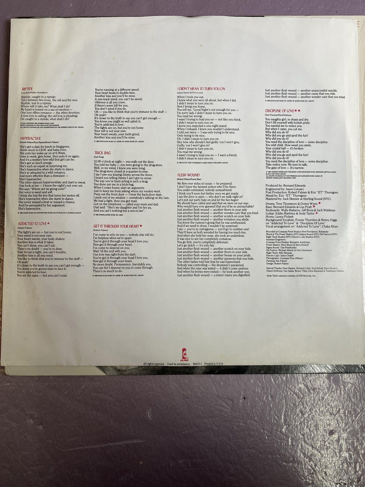 Vintage Robert Palmer Riptide 12" Black Vinyl LP 1985 Island A1 90471 Pop Rock