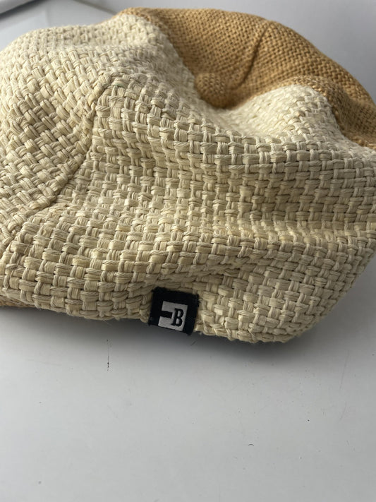 Block Headwear Hat Newsboy Fitted Mens Large Beige Two Tone Straw Woven Ivy