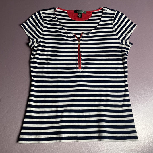 Lauren Ralph Lauren Shirt Womens Medium Navy White Striped Red Zip Nautical Top
