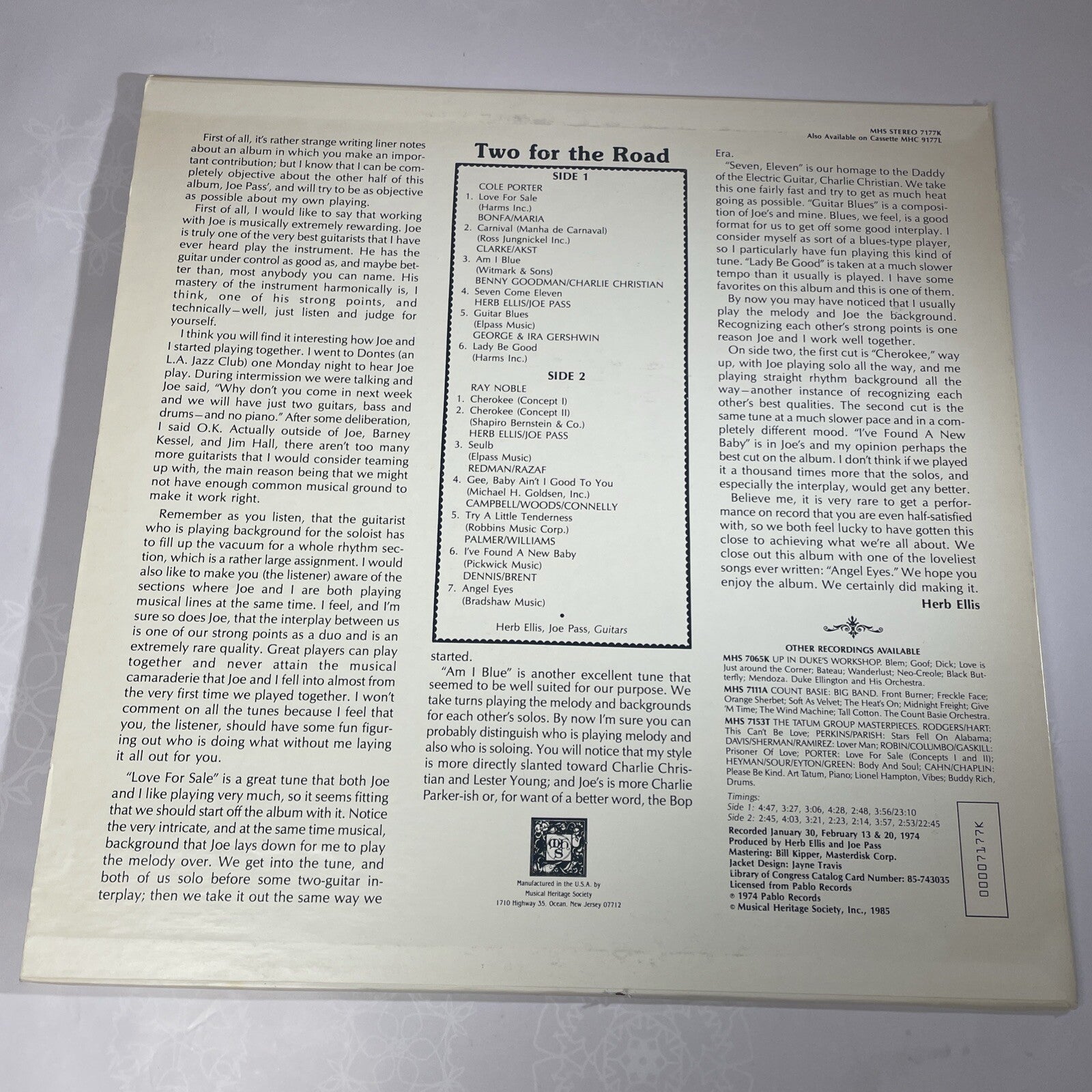 HERB ELLIS & JOE PASS "Two For The Road" 1974 (PABLO/MHS7177K) JAZZ EX/EX!