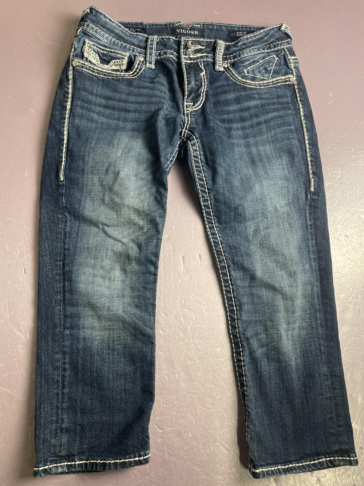 Vigoss Capri Jeans Womens 29 Blue Low Rise New York Embroidered Rhinestone Denim
