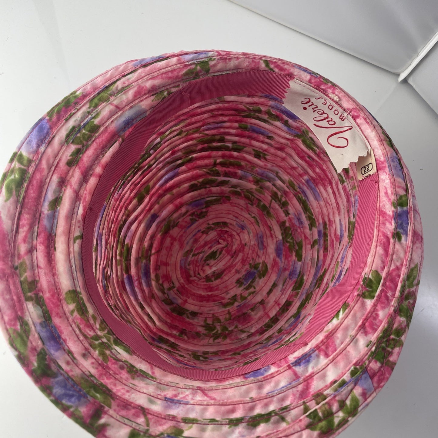 True Vtg Valerie Modes 22 UNION LABEL Pink Floral Woven Bucket Hat MOD MCM