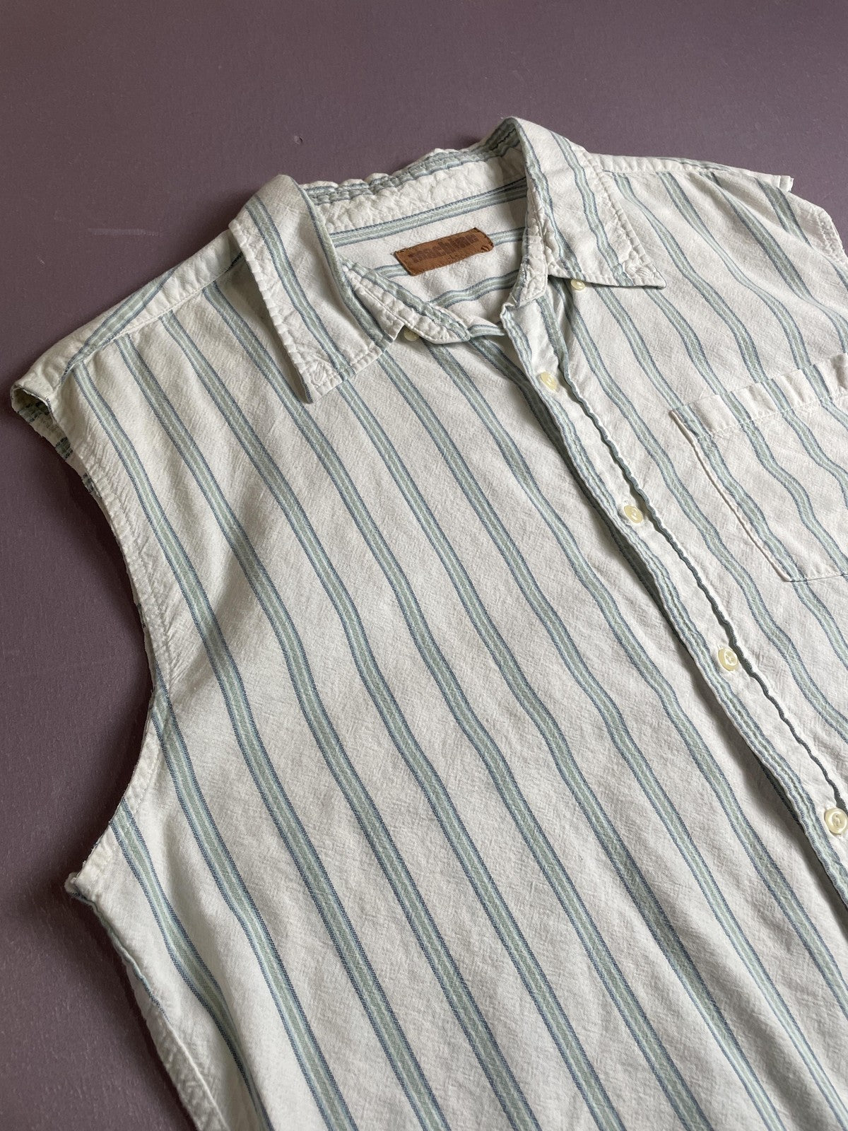 Machine Shirt Mens Large White Blue Green Stripe Sleeveless Button Down Cutoff