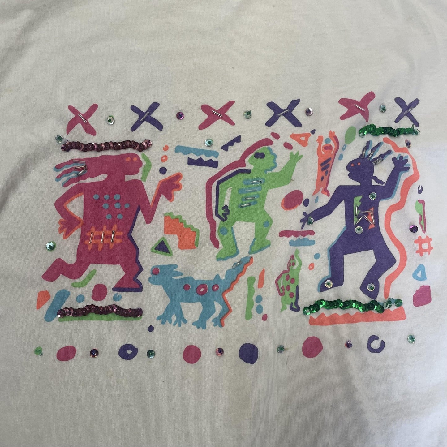 Vintage Traffic Jam Shirt Mens Medium White Abstract Art Sequin 90s Dance Tee