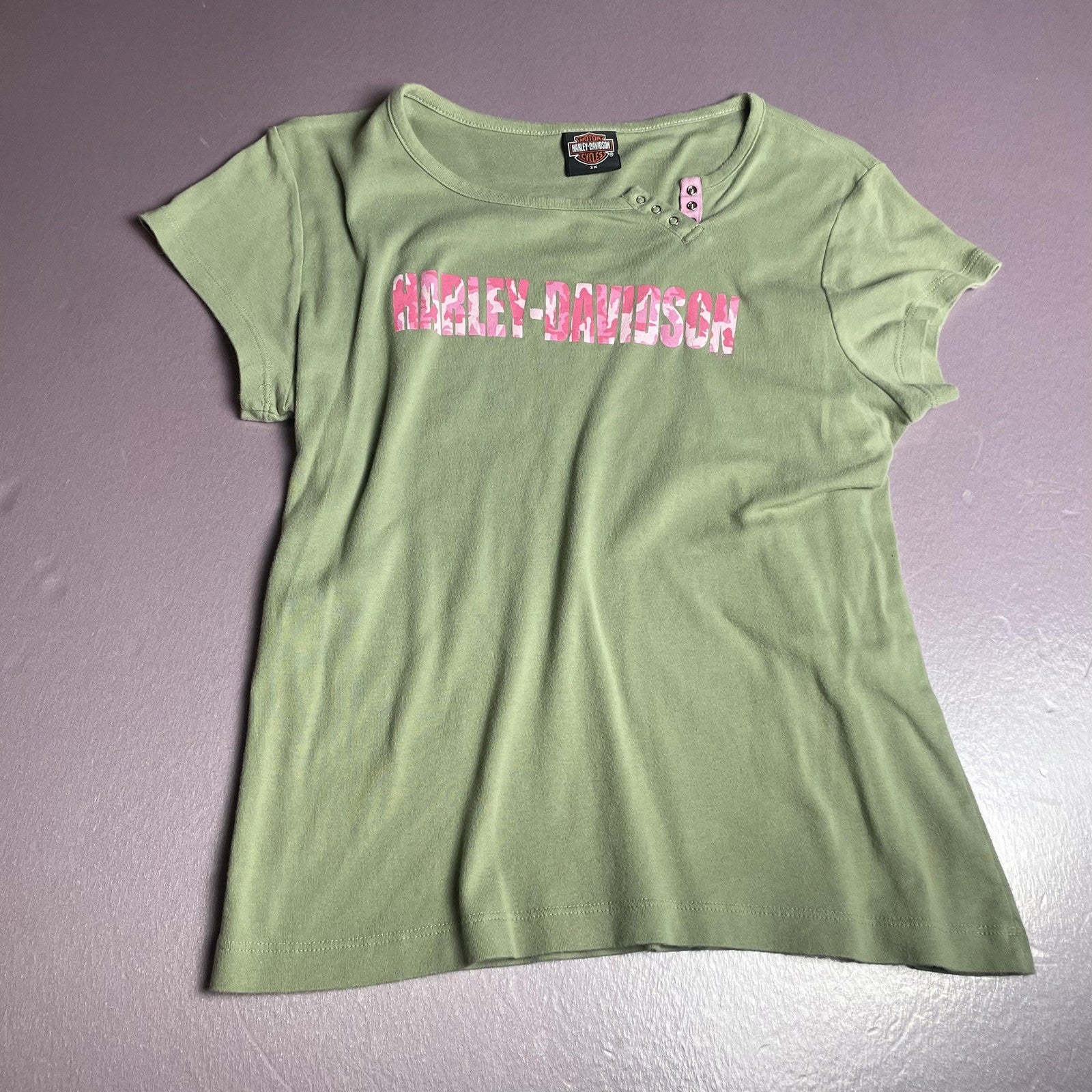 Harley-Davidson Shirt Womens 2X Green Pink Camo Spell Out Montana Kalispell