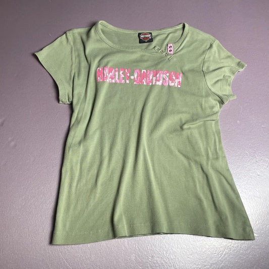 Harley-Davidson Shirt Womens 2X Green Pink Camo Spell Out Montana Kalispell