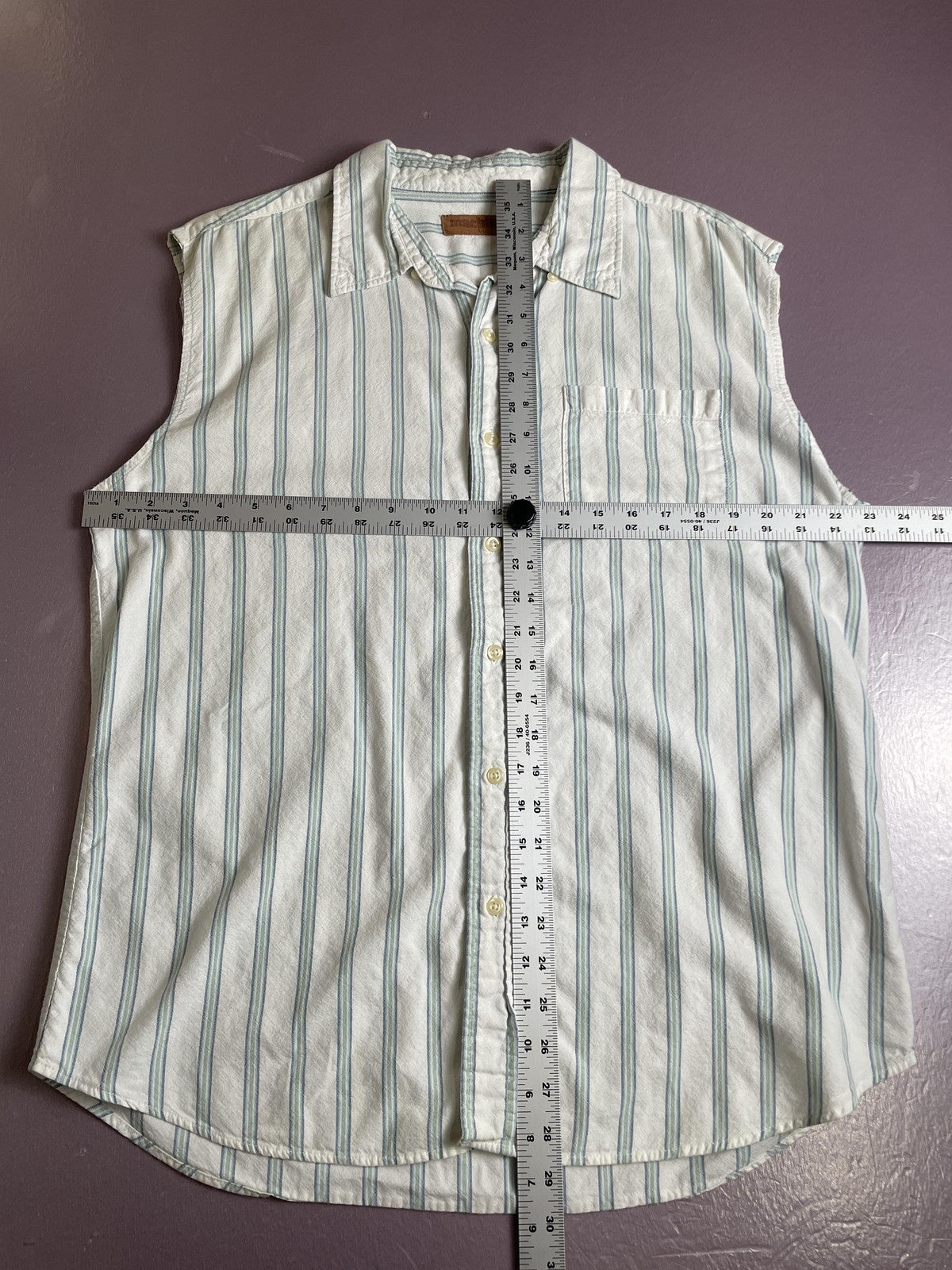 Machine Shirt Mens Large White Blue Green Stripe Sleeveless Button Down Cutoff