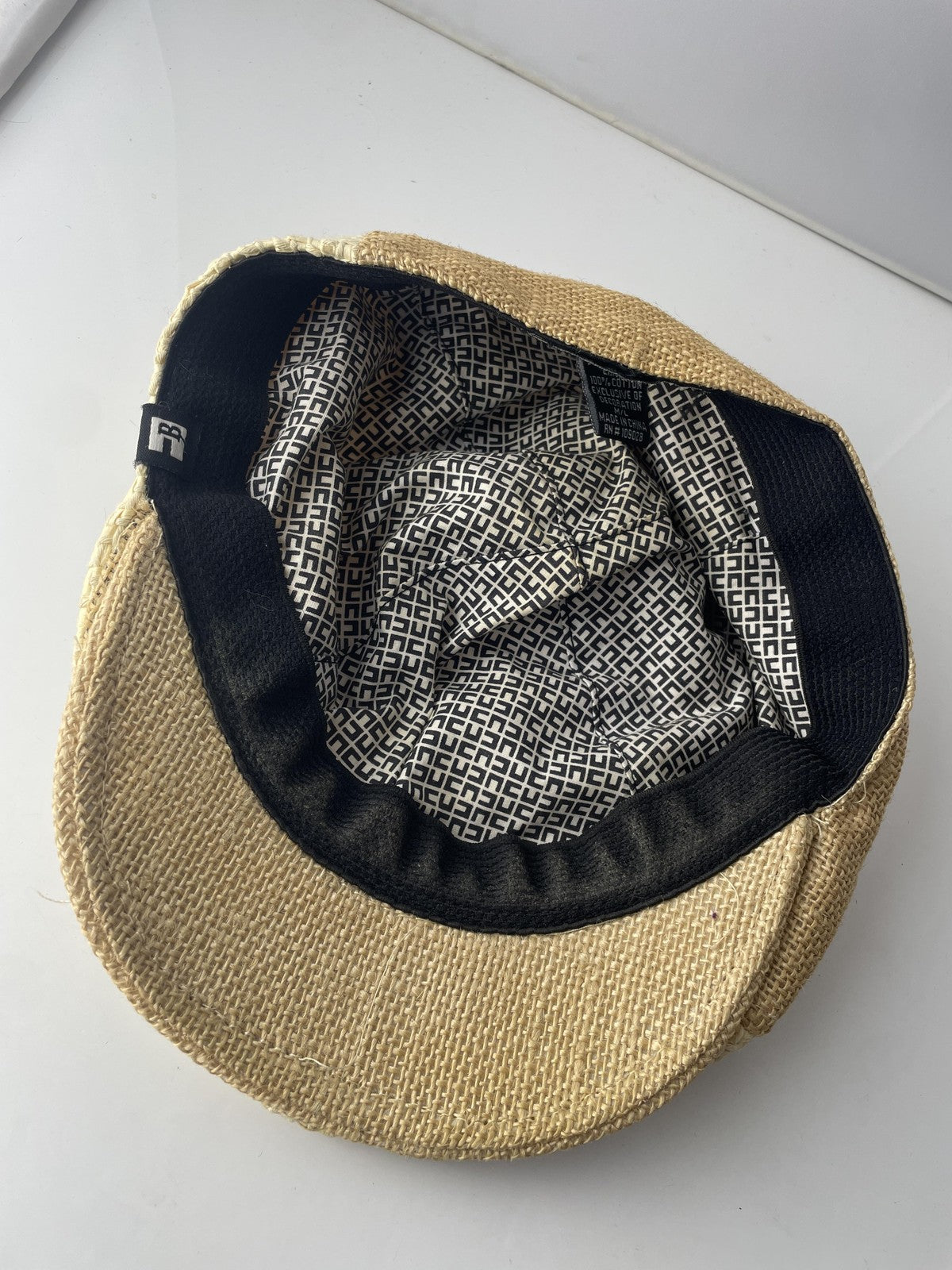 Block Headwear Hat Newsboy Fitted Mens Large Beige Two Tone Straw Woven Ivy