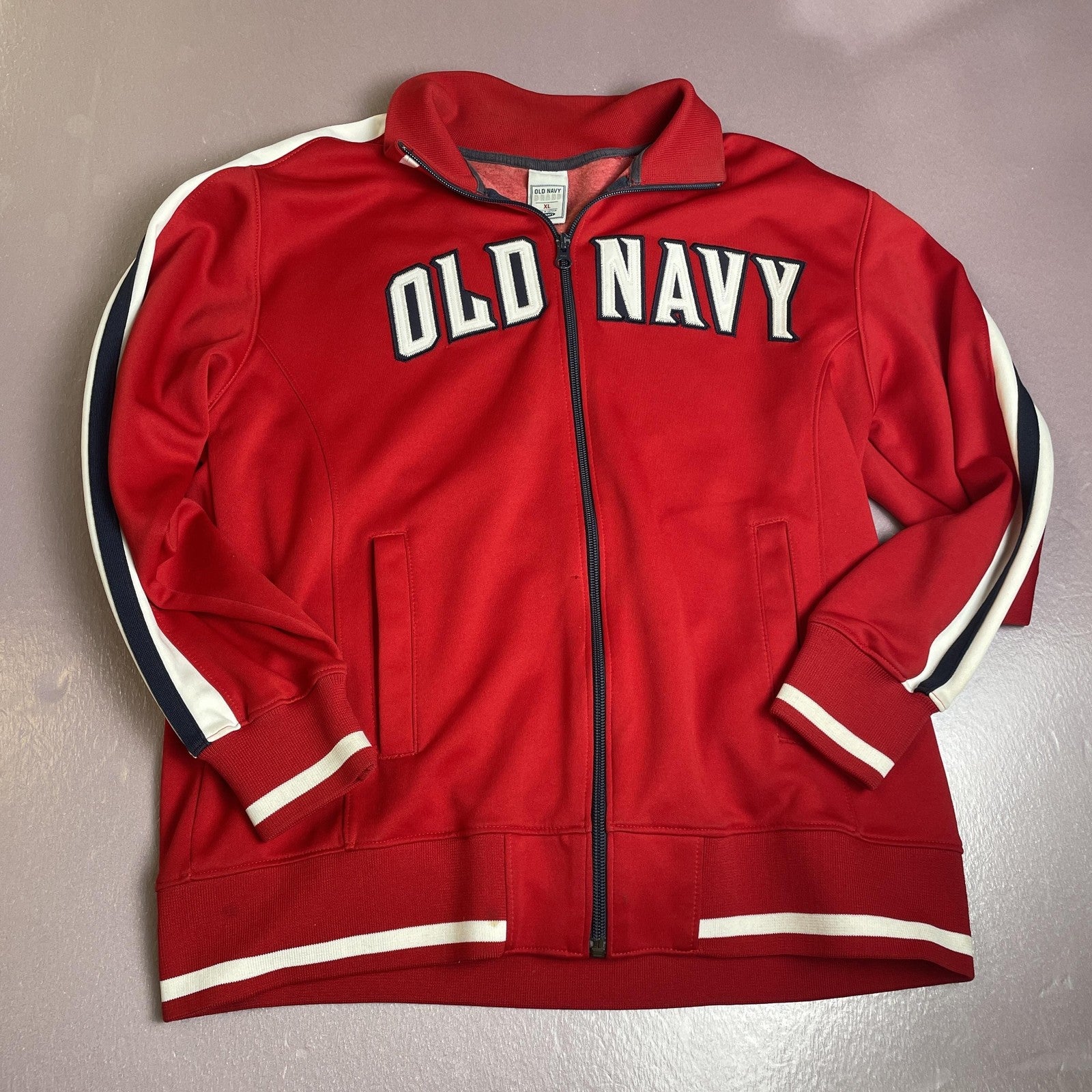 Old Navy Jacket Mens Extra Large Red Full Zip Track Varsity Striped Spell Out