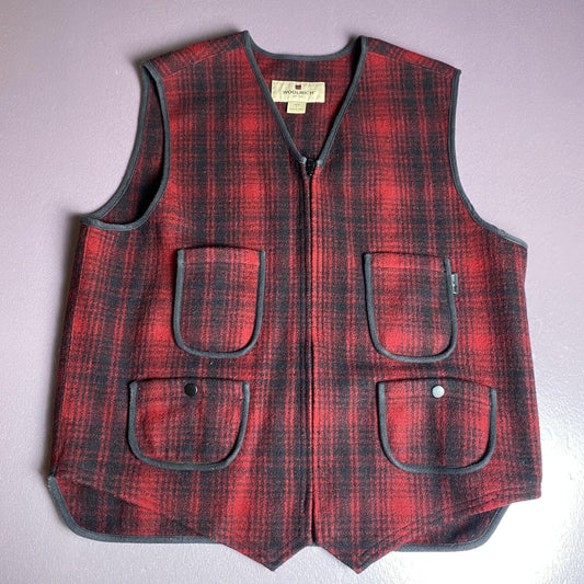 Woolrich Vest Mens Large Red Black Plaid Wool Hunting Outdoor Pockets Zip Canvas