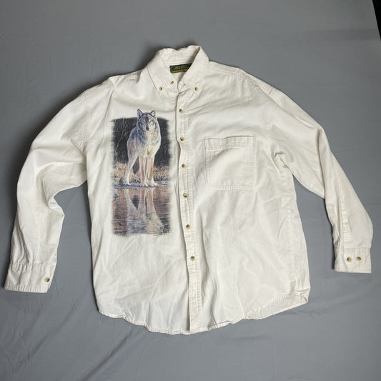 Bay City Sportswear Shirt Mens Medium White Wolf Graphic Desmond McCaffrey Art