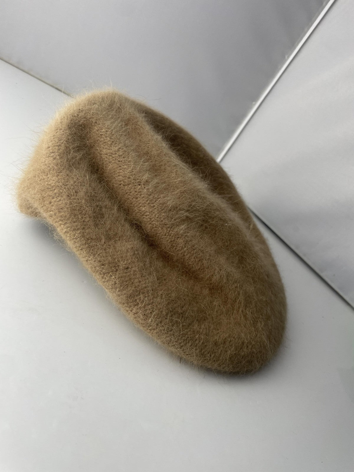 Kangol Hat Beret Fitted Tan Angora Blend Fuzzy David Young Womens Kangaroo Logo